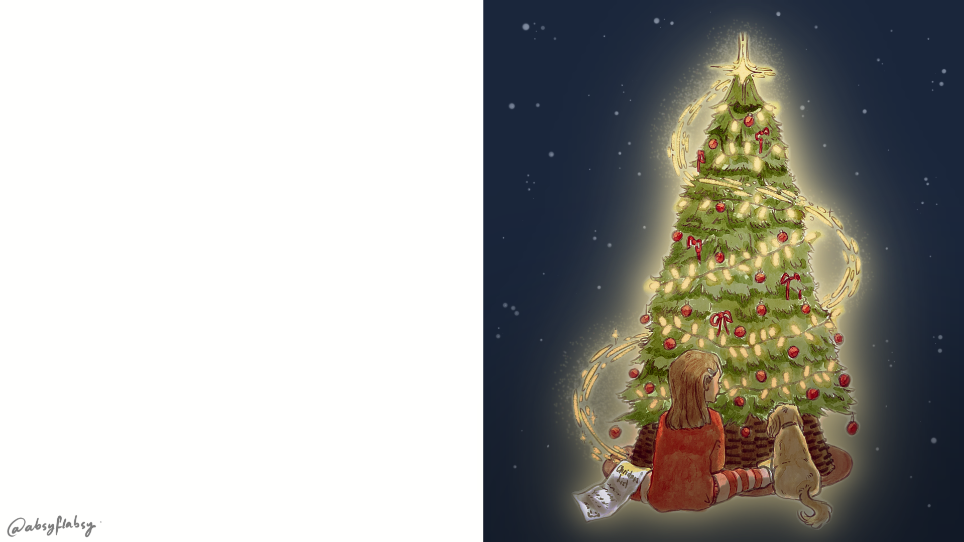 Illustrated Christmas card of girl sat beneath Christmas tree illuminated with lights, on dark blue bkacground