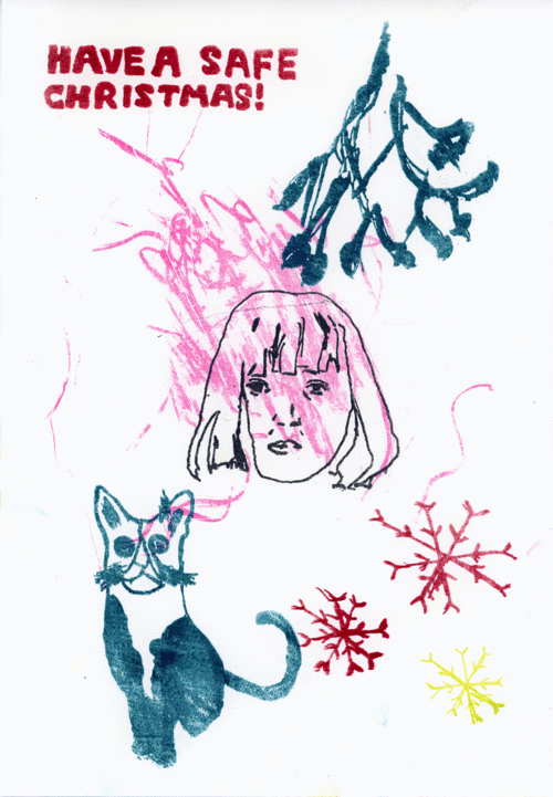 flashing image of woman's face, mistletoe, cat and snowflakes.