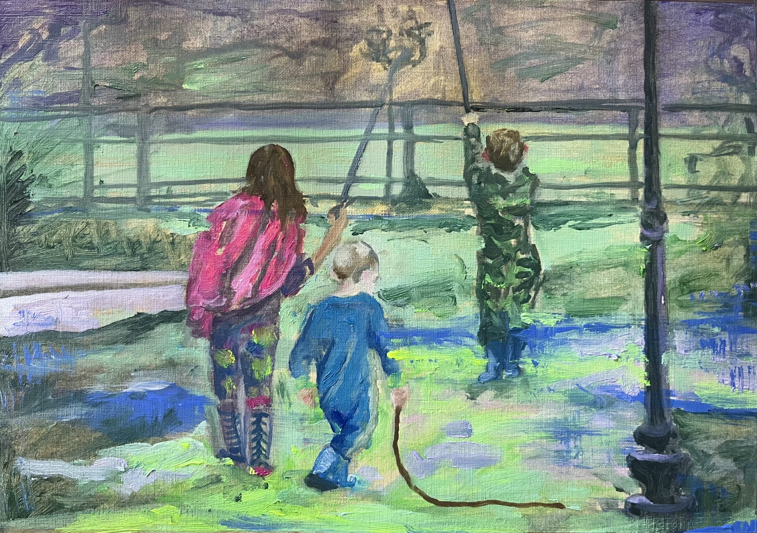 painting of children playing in the garden in onesies and wellies, when sticks were swords. Painted in oil with vibrant neon hues to enhance the imaginary playtime.