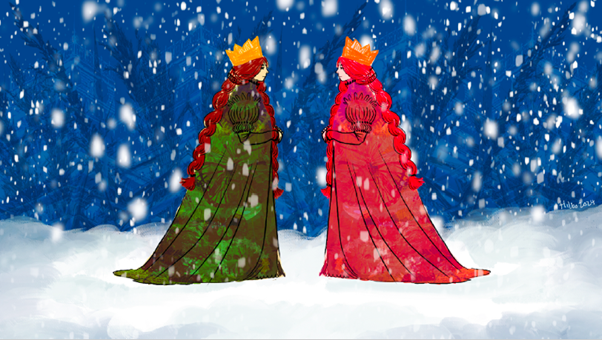 illustration of two women, one in a green cloak and the other in red, meeting on a snowy landscape
