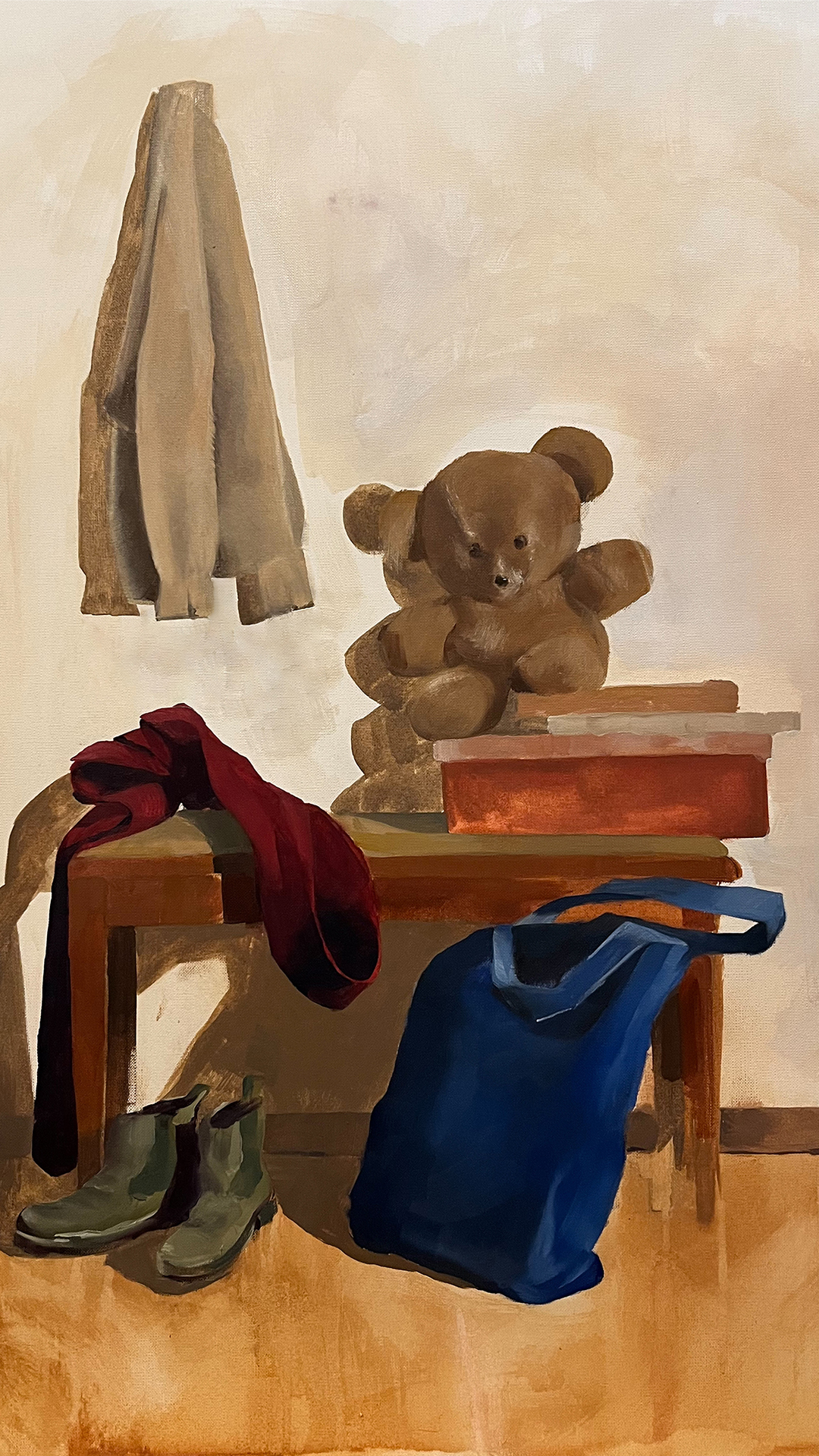 painting of entryway with bench surrounded by presents, scraf, coat, boots and teddy bear
