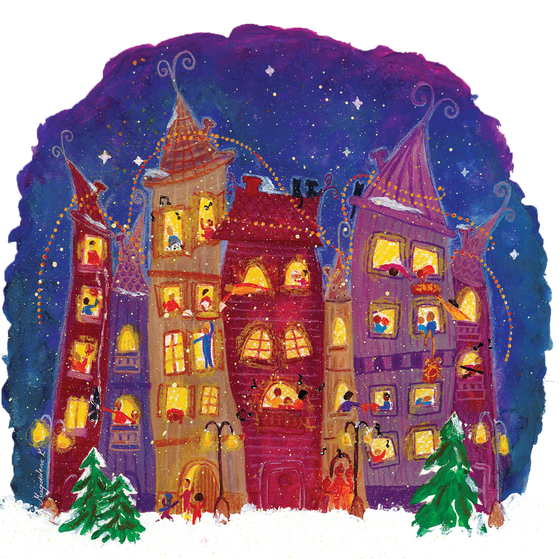 illustration of tall town houses with illuminated windows set within a snowy street