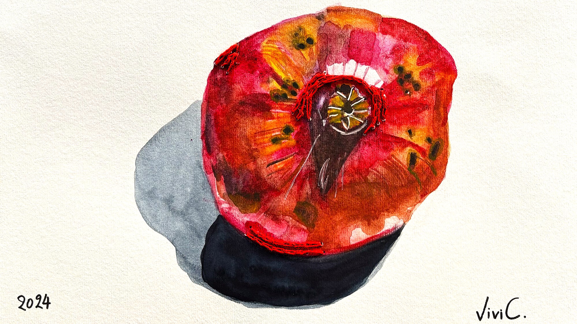 water colour painting of pomegranate using strong reds and yellows on white background